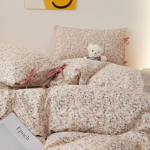 Image of Pink Floral Comforter Set King, Aesthetic Botanical Flowers Comforter with 2 Bow Ties Pillowcases, Lightweight Cute Girls Floral Bedding Comforter Vintage Cottagecore Comforter Set for All Season
