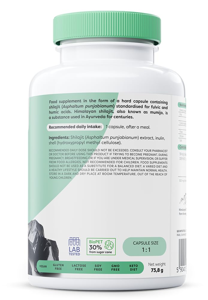 Osavi Shilajit de l'Himalaya 500 mg, Extrait Mumijo Standardisé à 60% Acides Fulviques et 12% Humiques, Soutien de la Vitalité et Équilibre Ayurvédique, 120 Gélules Végétales