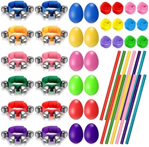 48 Pcs Shaker Musical Instruments, 12 Egg Shaker 12 Adjustable Wrist Hand Band Jingle Bells 12 Dance Scarves and 12 Rhythm Sticks for Music Learning Classroom Activities Birthday Party