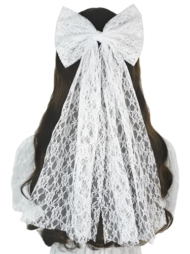 AROCOOY Short Wedding Veil White Bridal Bow Veils Clip Lace Embroidered Bachelorette Party Veil Bride Accessories for Women Girls