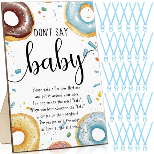 Image of Wesiti 51 Pcs Cool Baby Shower Game Wooden Sign Gift Sets 50 Baby Shower Pacifiers Necklace Acrylic Pacifier for Gender Reveal Party Favor(Donut,Blue)