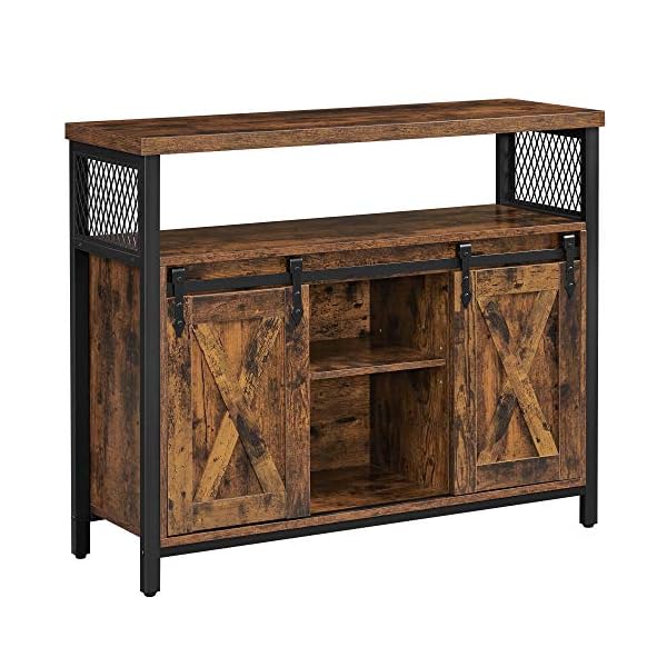 VASAGLE Dining Sideboard, Kitchen Cupboard, Storage Cabinet, Buffet Table with Sliding Barn Doors, Adjustable Shelf, Industrial, for Living Room, Rustic Brown and Black LSC092B01