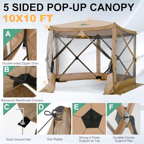 Image of COBIZI 10x10 FT Pop up Gazebo, Popup Canopy Tent,Instant Screened in Gazebos, Waterproof Portable Outdoor Small Screen Tents Sun Shelter,carpas para Patio for Camping, Garden and Backyard,Khaki