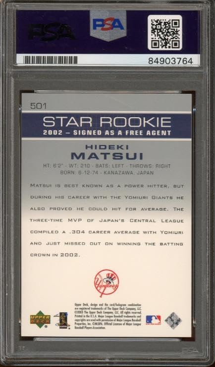Hideki Matsui Signed 2003 Upper Deck Rookie Baseball Card Auto Gem Mint 10! PSA - MLB Autographed Baseball Cards