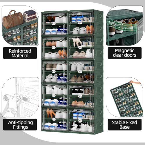 Image of Foldable Shoe Storage Cabinet for 24 Pairs with Magnetic Clear Doors, Portable Enclosed Shoe Organizer, 3-Step Quick Assembly for Entryway, Closet, Garage (2Row 6Tier)