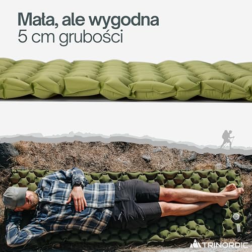 TRINORDIC Mata kempingowa, ultralekka, nadmuchiwany materac do spania, składany, lekki, nadmuchiwany pojedyncze łóżko, przenośna poduszka powietrzna, do aktywności na świeżym powietrzu, wędrówek i podróży, zielony las