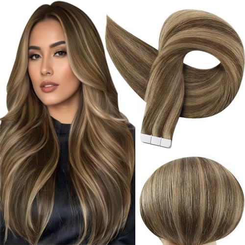 Image of Full Shine Human Hair Extensions Color 4 Brown Highlight 27 Blonde Tape in Hair Extensions 18Inch Long Straight Skin Weft Seamless Invisible Extension for Bridal Hairstyles 100G 40Pcs