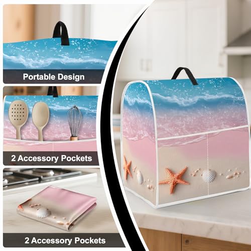 Image of Kitchen Dust Cover Compatible with 4.5 5 6 8 quart Stand Mixer, Kitchen Appliance Protective Covers with Top Handle and Pocket (Pink Coastal Shells, For All 6-8 qt Mixer)