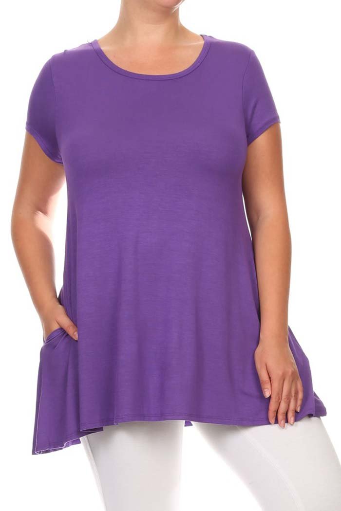 Women's Plus Size Solid Short Sleeve Knit Side Pocket Tunic Top MADE IN USA