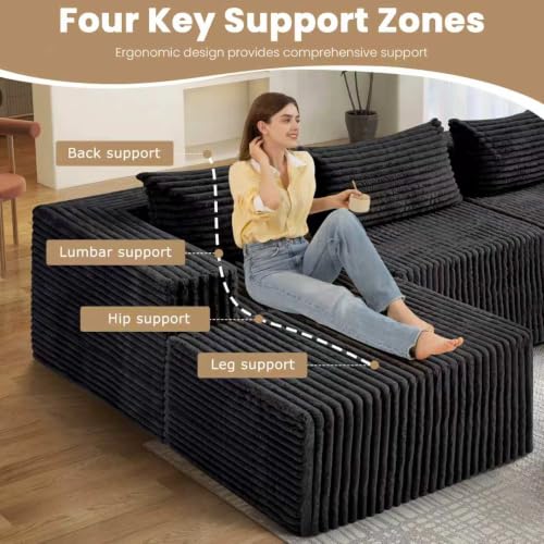 PATAVOT 104 Inch Cloud Couch Sectional,Corduroy Boneless Couches for Living Room,L-Shaped Modular Sectional Sofa with Removable Ottoman and Deep Seat,No Assembly Required,Black — view 5