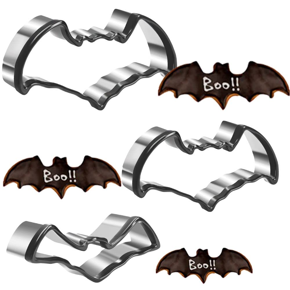CrethinkatyHalloween Cookie Cutter, 3 Pieces Bat Shape Stainless Steel Cookie Cutter Set for Halloween DIY Fondant Biscuit
