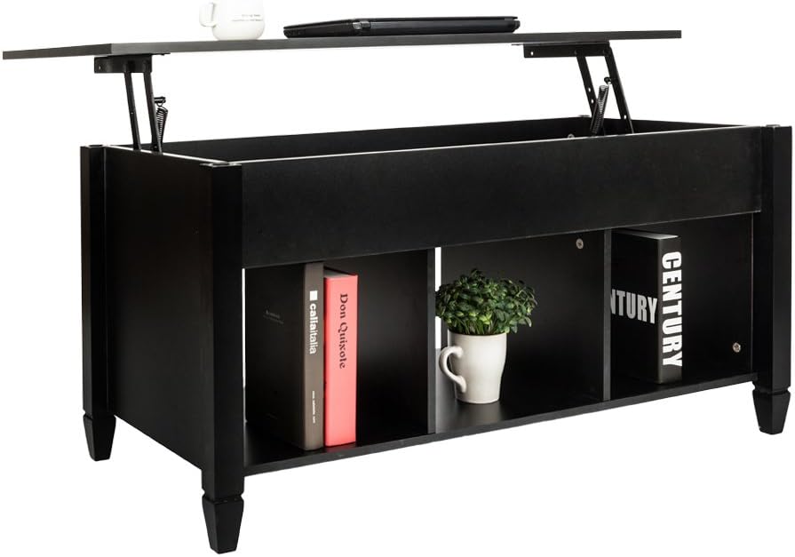 Coffee Tables,Lift Top Coffee Table with Hidden Storage Compartment & Shelf, Lift Tabletop Dining Table for Living Room (Black)