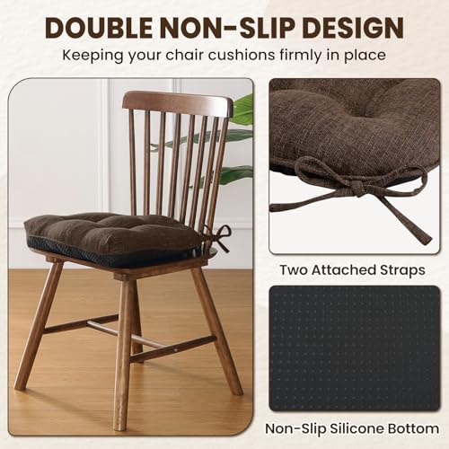 downluxe Indoor Chair Cushions for Dining Chairs, Tufted Overstuffed Textured Foam Kitchen Chair Pads with Ties and Non-Slip Backing, 15.5" x 15.5" x 4", Brown, 4 Pack by downluxe - Image 4