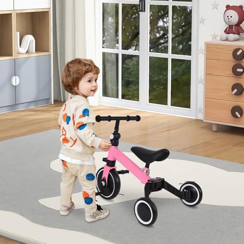 Willonin Triciclo Draisienne 2 en 1, triciclo de 1 a 4 años, triciclo para niños, bicicleta para niños, draisianas, manillar, reposapiés plegable -B, rosa