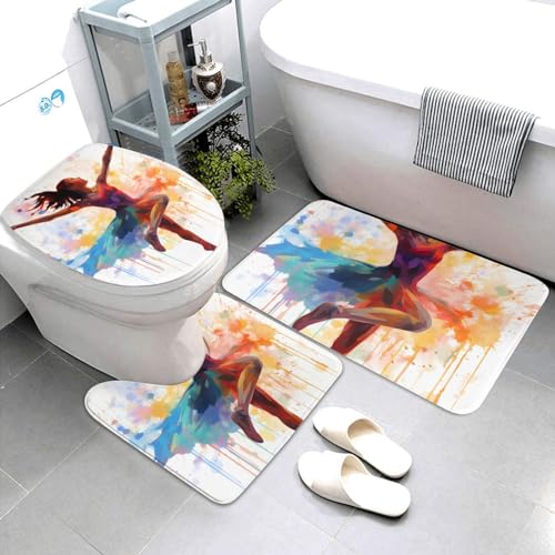 Dwrepo Color Woman Print Bathroom Rug Set 3 Piece with Non-Slip U-Shaped Contour Mat and Toilet Lid Cover for Bathroom Decoration