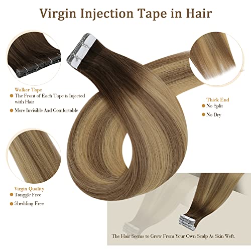 Image of Full Shine Injected Tape in Hair Extensions 5Pcs 18 Inch Virgin Injection Tape in Extensions Color 3 Brown Fading to 8 Ash Brown And 22 Blonde Unprocessed Seamless Tapes in Human Hair 12.5 Gram