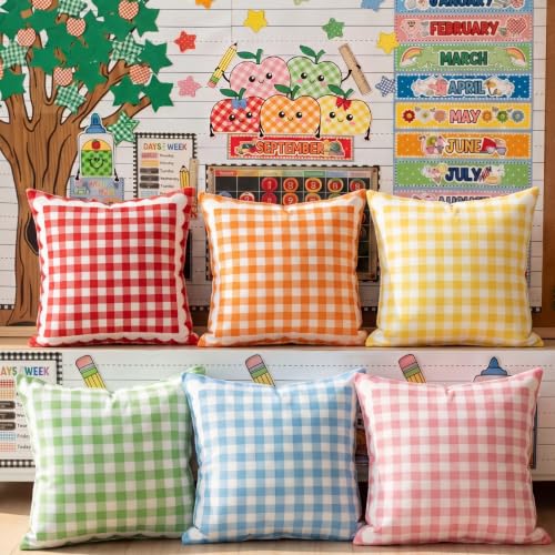 Chicplaid 6 Pcs Colorful Classroom Gingham Throw Pillow Cover 18 x 18 Inch Retro Plaid Classroom Calming Corner Decor Back to School Pillow Cases for Reading Corner Nursery Playroom Sofa Couch Decor