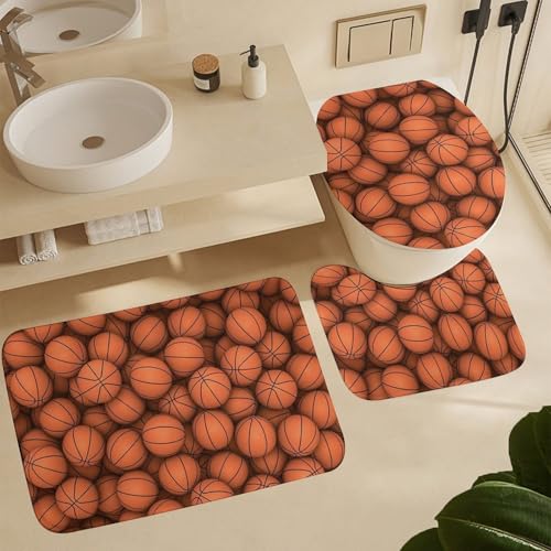 Juego de tres tapetes para piso con diseño de baloncesto naranja en terciopelo coral miniatura 5