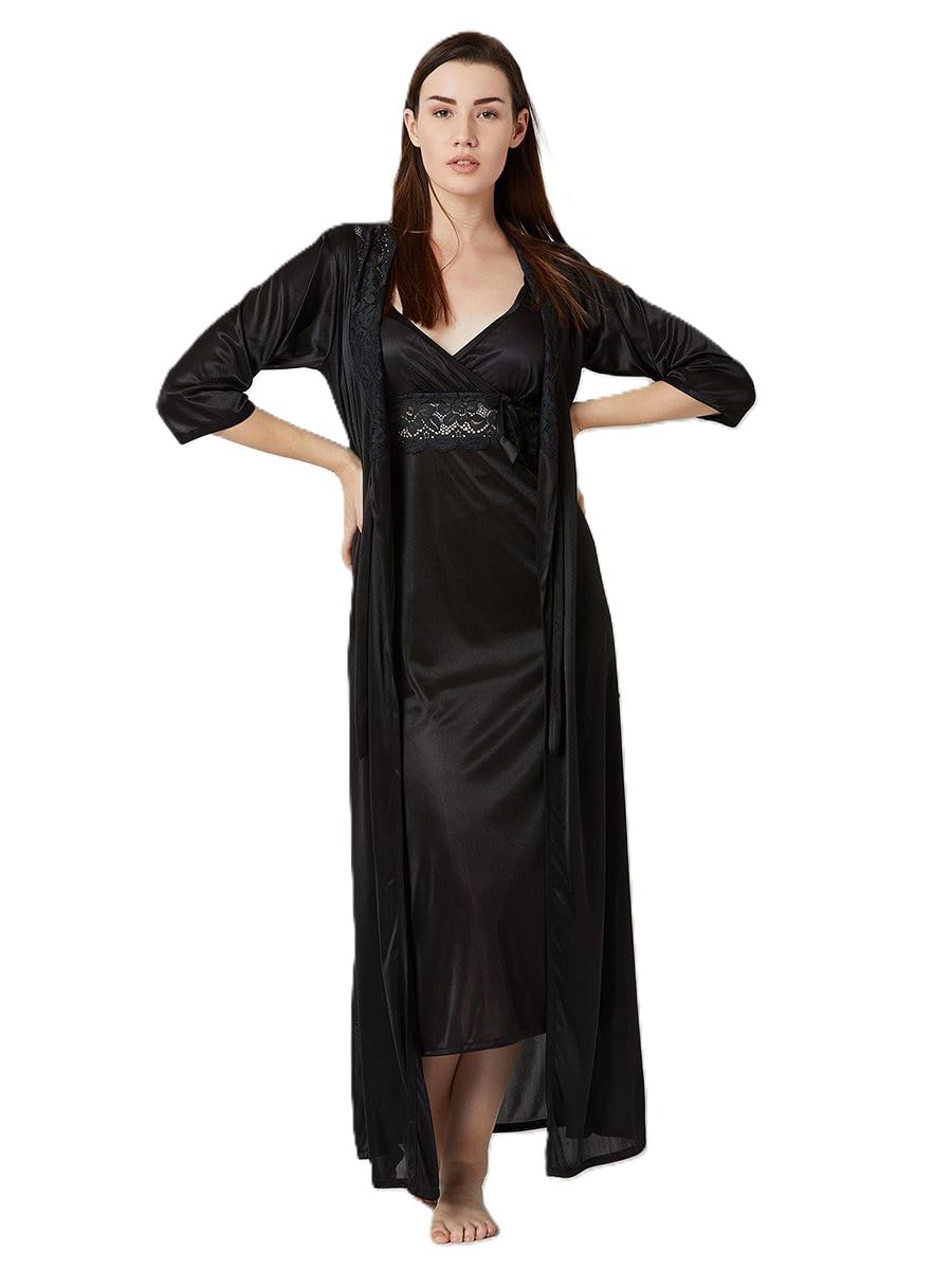 ledelav Women's Satin Maxi Night Dress Full Sleeve Gown Comfortable & Fancy Sleepwear for Ladies Ankle Length Nightwear 2pcs Set with Robe-picture-17