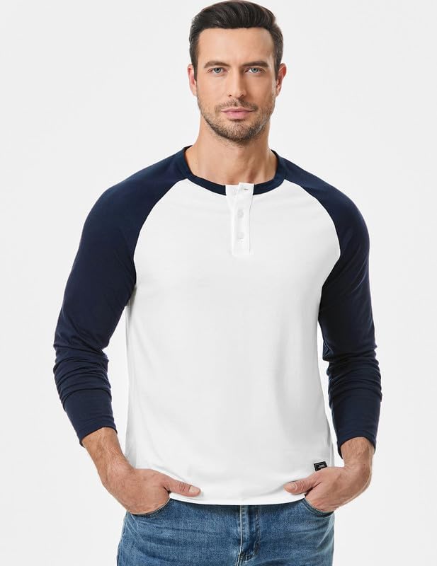 Men's Henley Shirt Fall Crewneck Color Block Slim Fit Long Sleeve T Shirts Button Up Tees - Image 3