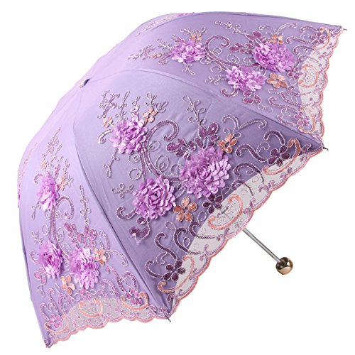 Honeystore Vintage Lace UV Sun Parasol Folding 3D Flower Embroidery Umbrella H1620 Purple