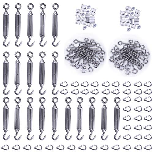 Muzata 20Set Cable Railing Kit M5 Hook & Eye Turnbuckle Wire Rope Tension M6 Stainless Steel Eyes Screw M3 Aluminum Crimping Loop M3 Stainless Steel Thimble NK08