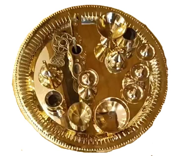 Image of Brass Ashtamangalya Pooja Set with Decorative Thali, Traditional Hindu Worship Kit, 10 inch, Gold (10 inch)
