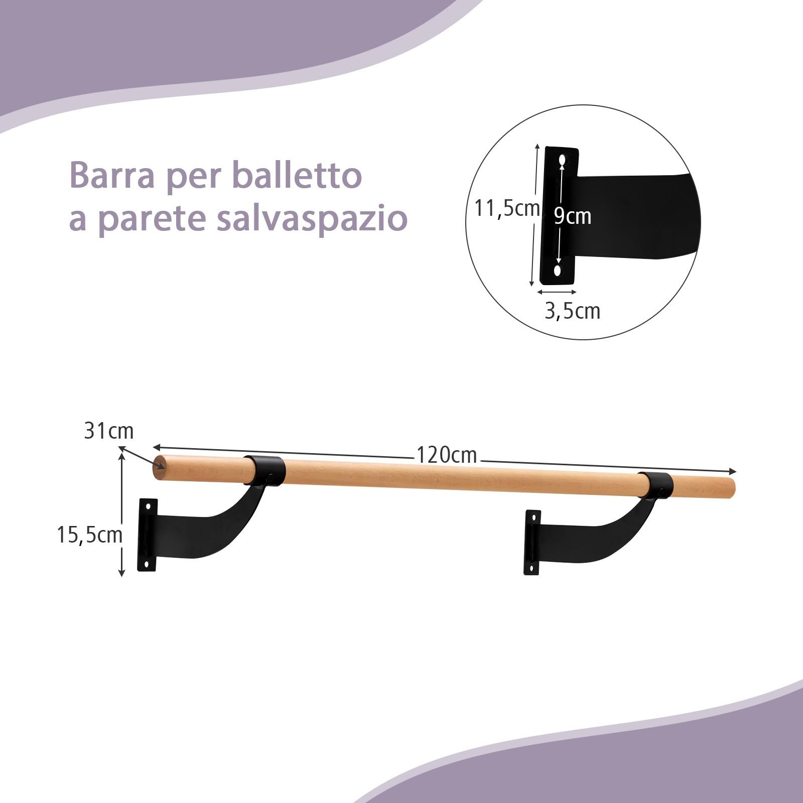 COSTWAY Sbarra Danza Classica da Parete, Barra per Balletto Singola, Idelae per Yoga, Stretching, Allenamento e Pose di Balletto, 120 x 15,5 x 31 cm