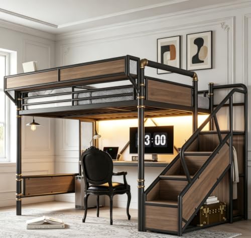 Image of Bellemave Queen loft Bed with Storage Stairs, Wardrobe, Shelves, Metal Queen Loft Bed Frame for Adults, Kids, Teens, Black+Natural Wood with Black Stairs