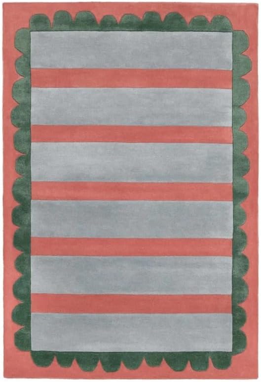 10x14 Ft Hand Tufted Wool Area Rug, Modern Striped Pink Grey & Green Border Design, Premium Handmade Carpet for Living Room Bedroom & Home Décor