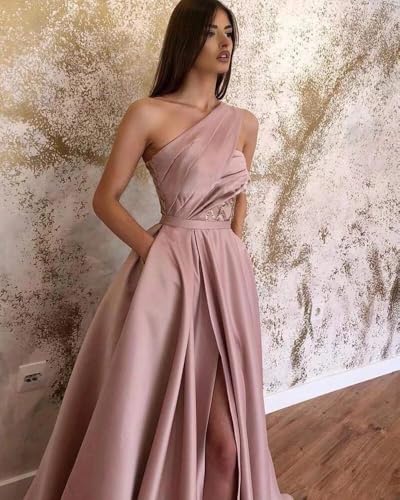 Women's One Shoulder Satin Ball Gown Prom Dresses Long with Slit 2024 Formal Evening Gowns with Pockets4
