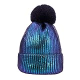JUMISEE Women Girls Shiny Metallic Knit Beanie Hat Slouchy Winter Skull Cap with Faux Fur Pompom
