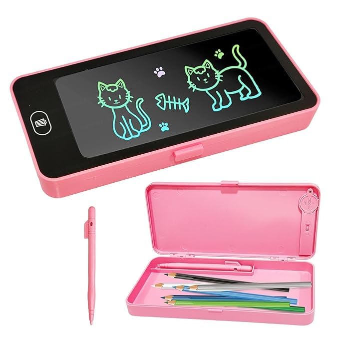 LCD Writing Tablet with Geometry Box, 8.9 x 20 x 2 cm, Electronic Drawing Board with Storage Case, Pink and Blue Color Options-image-2