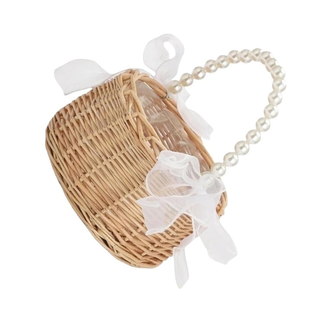 1 Stück brauner Weiden-Rattan-Blumenkorb, handgewebter Hochzeits-Weidenkorb mit Perlengriff und Schleife