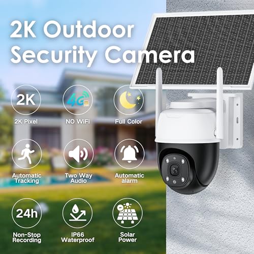 No Wifi Camera, 24 hours Continuous Recording AOV Solar Security Cameras Wireless Outdoor, 4G LTE 2K Outdoor Camera for Home Security,360 Auto Tracking Full Color Night Vision,Powered by Solar Panel