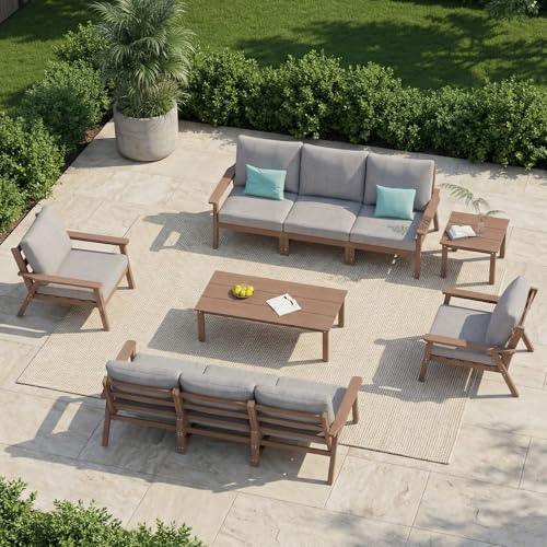 Image of LOUNZY HDPE Patio Furniture Set,10 Pieces Sectional Outdoor Furniture Set, All Weather Outdoor Couch Set Patio Conversation Set for Deck, Lawn, Brown