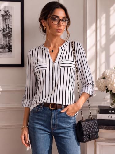 Image of Bulotus 3 /4 Length Sleeve Womens Striped Tops Zipper V Neck Collared Blouses Business Casual Tunics 2026 Spring Trendy