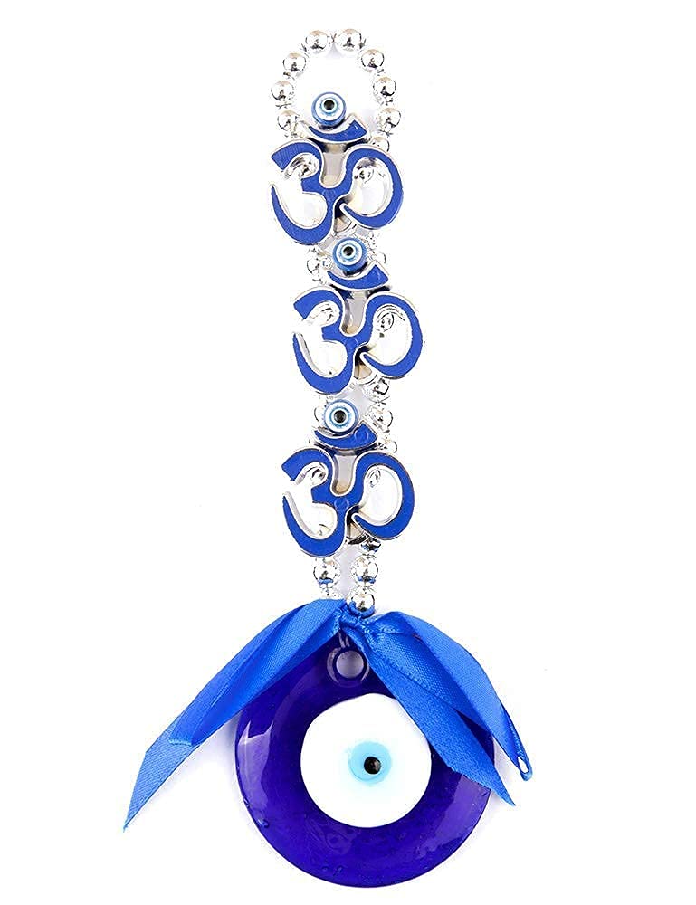 Revashree Craft World Three 3 OM Evil Eye Wall Hanging for Office Home Decor & Car Size 9 Inch - Blue