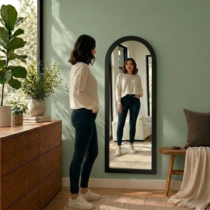 Image of Creative Arts n Frames 21 x 51 inch Full Length Dressing Chevel Long Fiber Wood Arch Framed HD Mirror Home Wall Living Room Decor Items (Classic Black Color Framed HD Arch Mirror)