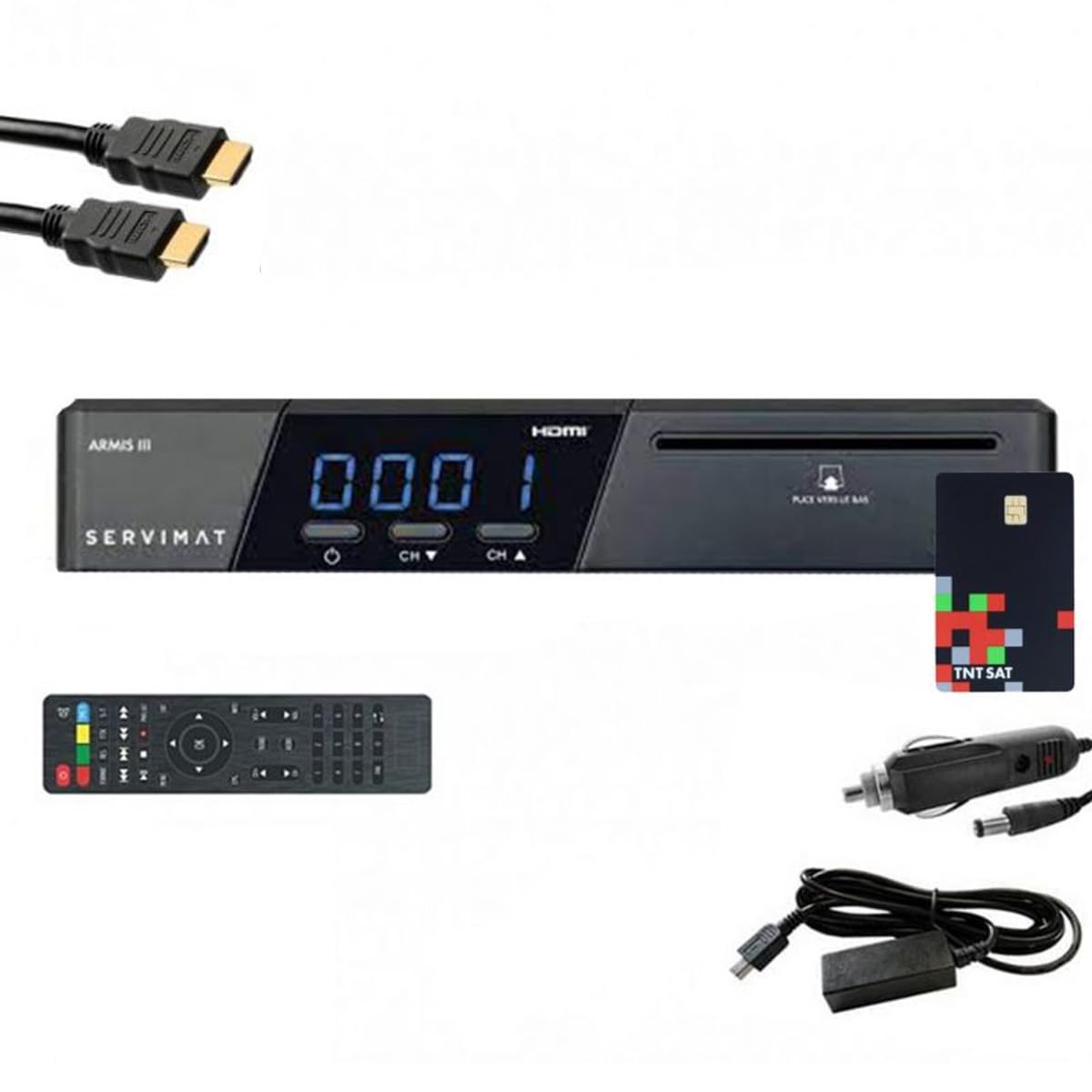 SERVIMAT armis decodificador satélite HD + tarjeta TNTSAT + déport IR + Cable 12 V + HDMI