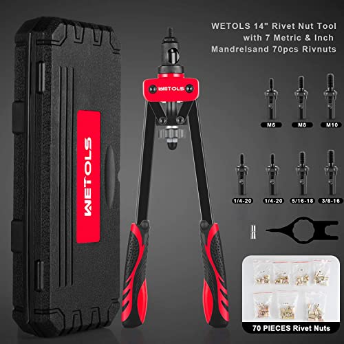 Wetols Rivet Nut Tool, Hand Rivet Nut Tool With 7 Metric & Inch Mandrels M6 M8 M10, 1/4-20, 5/16-18, 3/8-16, 70Pcs Rivnuts And Blow Carry Case - We-882 #TOP1