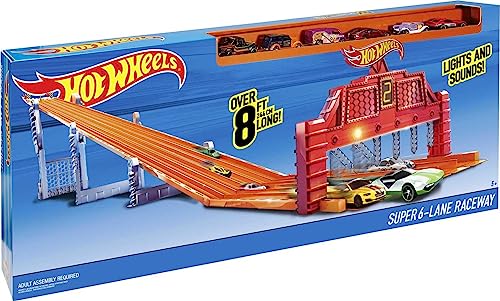 Hot Wheels Toy Car Track Set Super 6-Lane Raceway, 8Ft Track That Rolls Up For Storage, 6 1:64 Scale Cars #TOP5