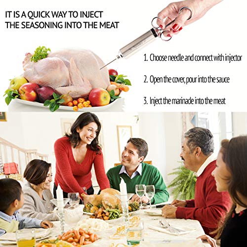 Meat Injector Kit Stainless Steel Food Syringe & 3 Marinades Needles For Bbq Grill Professional Smoker Seasoning Culinary Barbecue Syringe & Meat Injectors For Smoking #TOP7