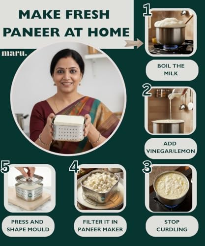 Image of MARU Steel Paneer Maker Box 600ml, Square Shape Paneer Press with Lid, Tofu Press Mould, Whey Separator Channi, Healthy Homemade Paneer /Tofu /Sprouts Maker, Durable & Easy to Clean (12x12x5.5 cms)