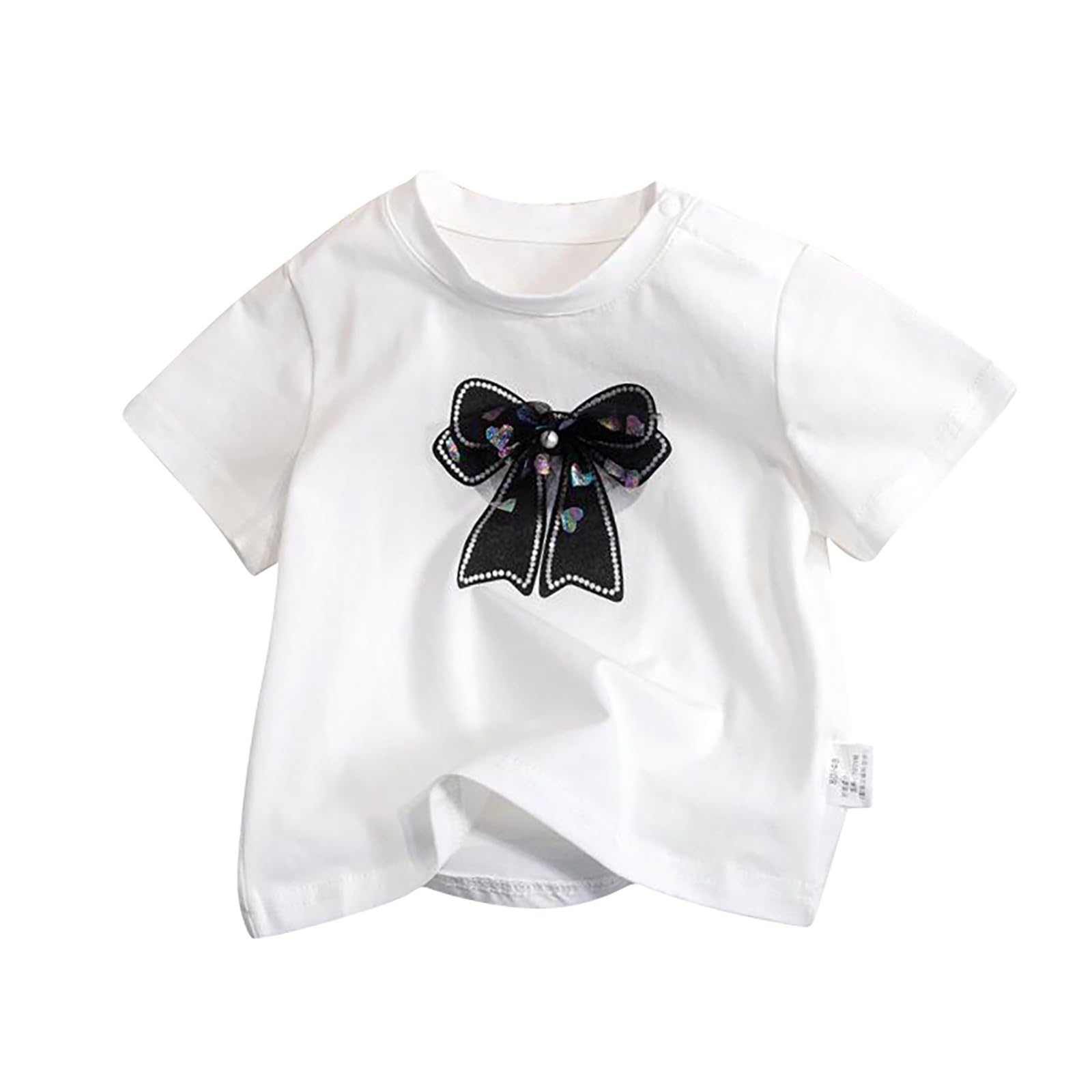 Girls Summer Trendy Causal Shirts Blouses Cute Bow Crop Top Baggy Soft Short Sleeve Crewneck (White, 12-18 Months)