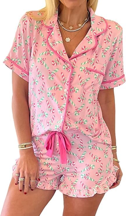 Cute Pajama Sets for Women Floral Bow Valentine's Heart Loungewear Short Sleeve Ruffle Cheetah Print Pjs