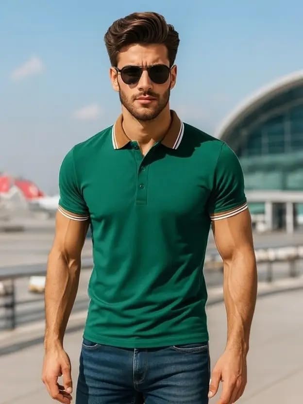 Image of Veirdo Pure Cotton Half Sleeves Regular Fit Plain Solid Classic Polo Colored Collar T-Shirt for Men (Colors: Olive, Black & White)