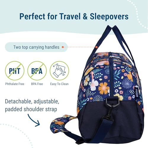 Image of Wildkin Kids Overnighter Duffel Bag - Carry-On Travel Bag for School & Sleepovers, Lightweight, Durable, Boys & Girls Ages 4-15 - Floral Bloom