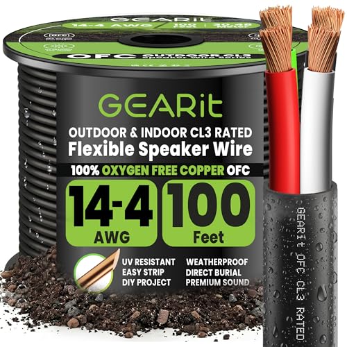 GEARit OFC Speaker Wire 14 Gauge 100 ft,UL CL3 Rated 14 Gauge Wire,Copper Wire with Polarity Mark,Speaker Cable for in-Wall,Home,Car,Outdoor,Garden,Commercial Audio Systems,OFC(Black,4-Conductors)
