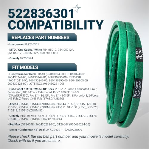 Image of [Upgraded Grip120] BlueStars 582236301 Deck Belt Aramid Cord 137 inch x 1 /2 inch | Deck Belt for 54 Inch Husqvarna, 48 inch MTD Cub Cadet, Gravely, Ariens Lawn Mower - Replaces 954-04329 754-04329